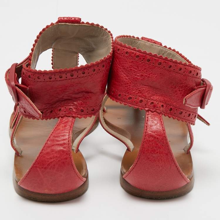 Pre Owned Balenciaga Red Brogue Leather Flat Thong Sandals Size 37.5