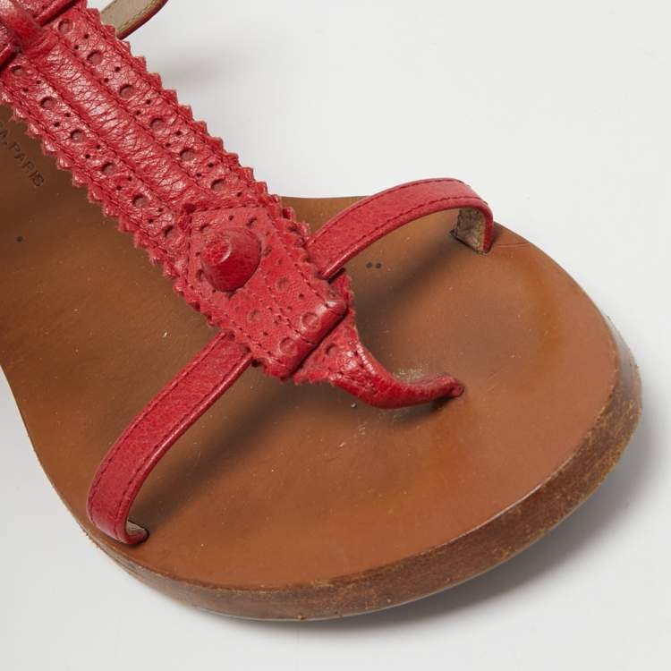 Pre Owned Balenciaga Red Brogue Leather Flat Thong Sandals Size 37.5