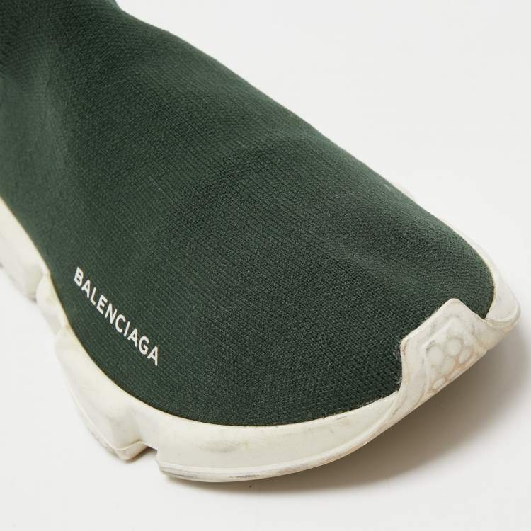 Pre Owned Balenciaga Dark Green Knit Fabric Speed Trainer High Top Sneakers Size 39