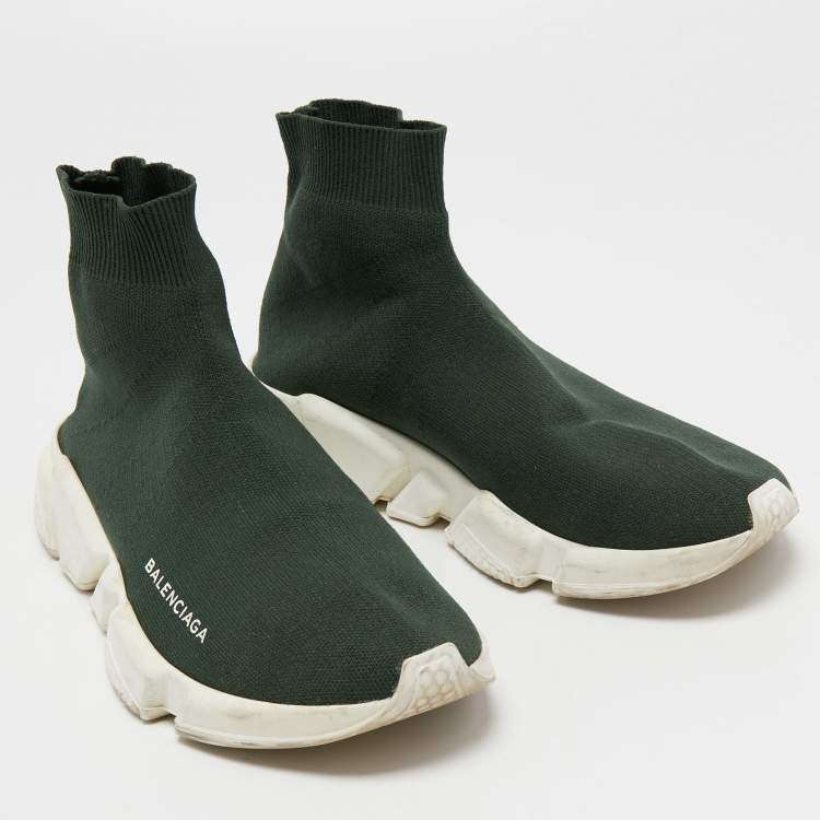 Pre Owned Balenciaga Dark Green Knit Fabric Speed Trainer High Top Sneakers Size 39