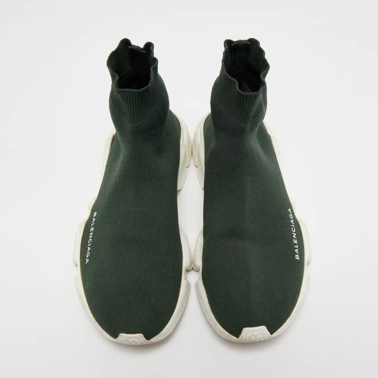 Pre Owned Balenciaga Dark Green Knit Fabric Speed Trainer High Top Sneakers Size 39