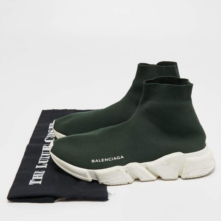 Pre Owned Balenciaga Dark Green Knit Fabric Speed Trainer High Top Sneakers Size 39