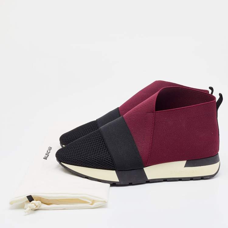 Pre Owned Balenciaga Black/Burgundy Mesh and Elastic Race Runner Sneakers Size 36