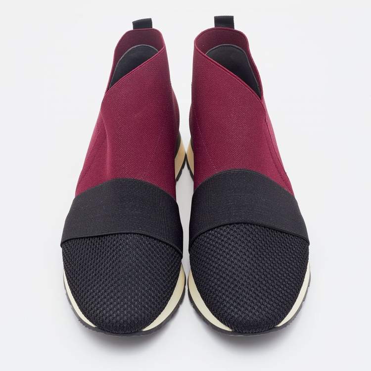 Pre Owned Balenciaga Black/Burgundy Mesh and Elastic Race Runner Sneakers Size 36
