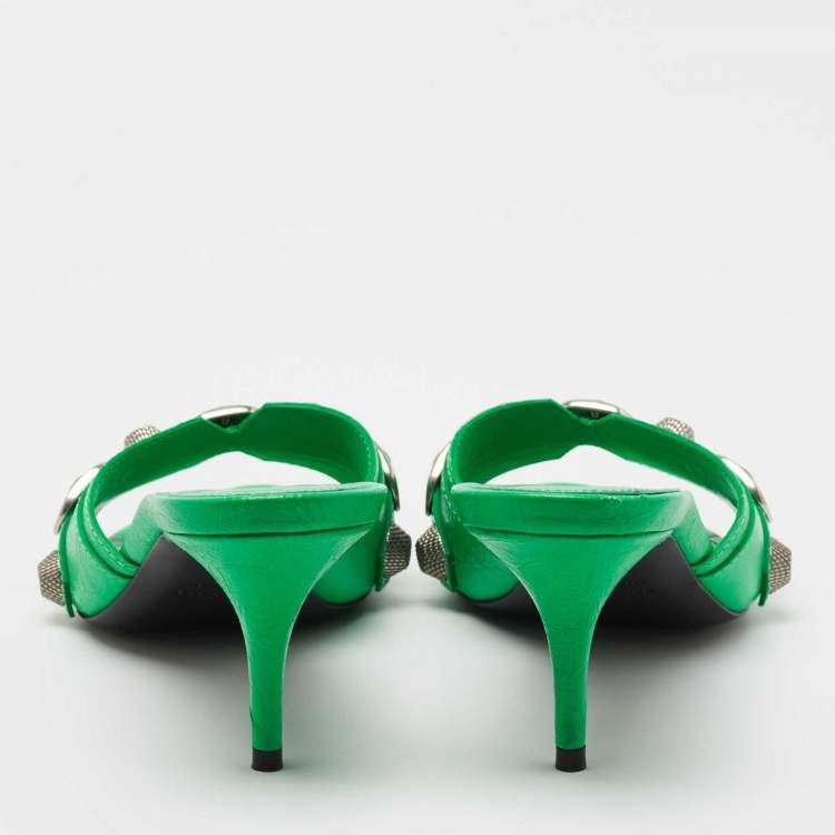 Pre Owned Balenciaga Neon Green Leather Cagole Slide Sandals Size 39