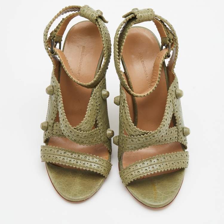 Pre Owned Balenciaga Green Brogue Leather Strappy Wedge Sandals Size 36