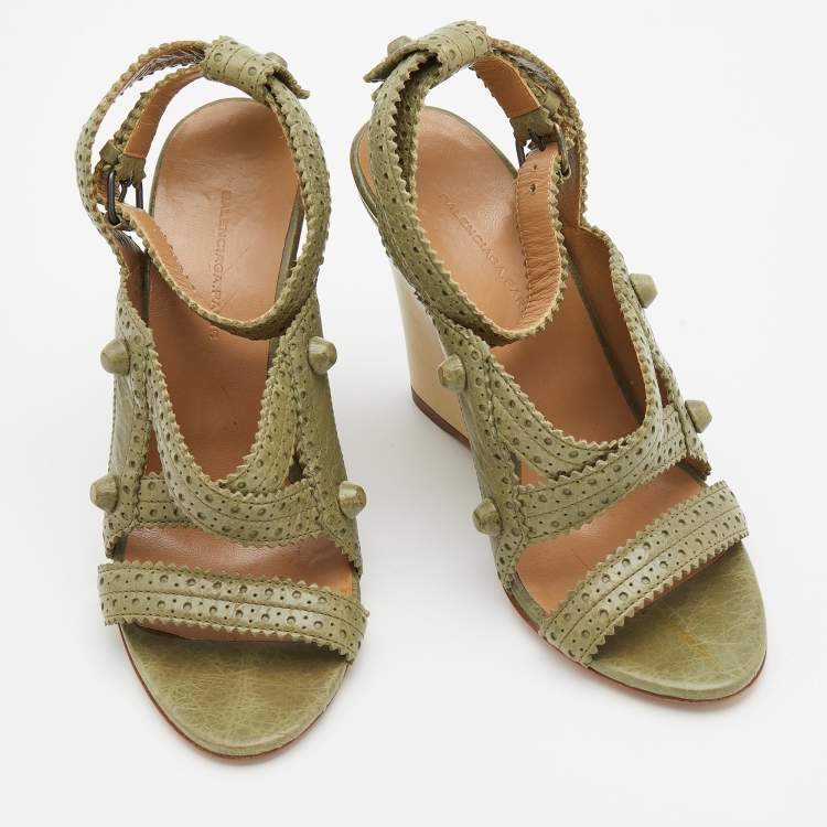 Pre Owned Balenciaga Green Brogue Leather Strappy Wedge Sandals Size 36