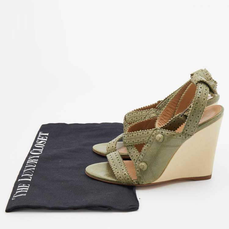 Pre Owned Balenciaga Green Brogue Leather Strappy Wedge Sandals Size 36