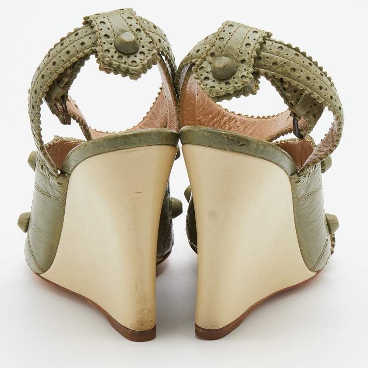 Pre Owned Balenciaga Green Brogue Leather Strappy Wedge Sandals Size 36