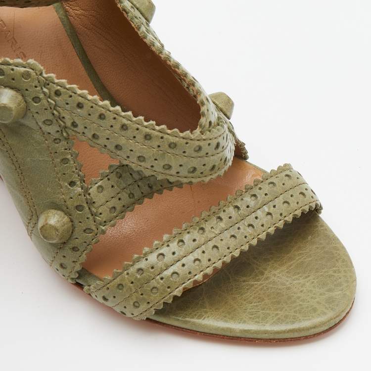 Pre Owned Balenciaga Green Brogue Leather Strappy Wedge Sandals Size 36