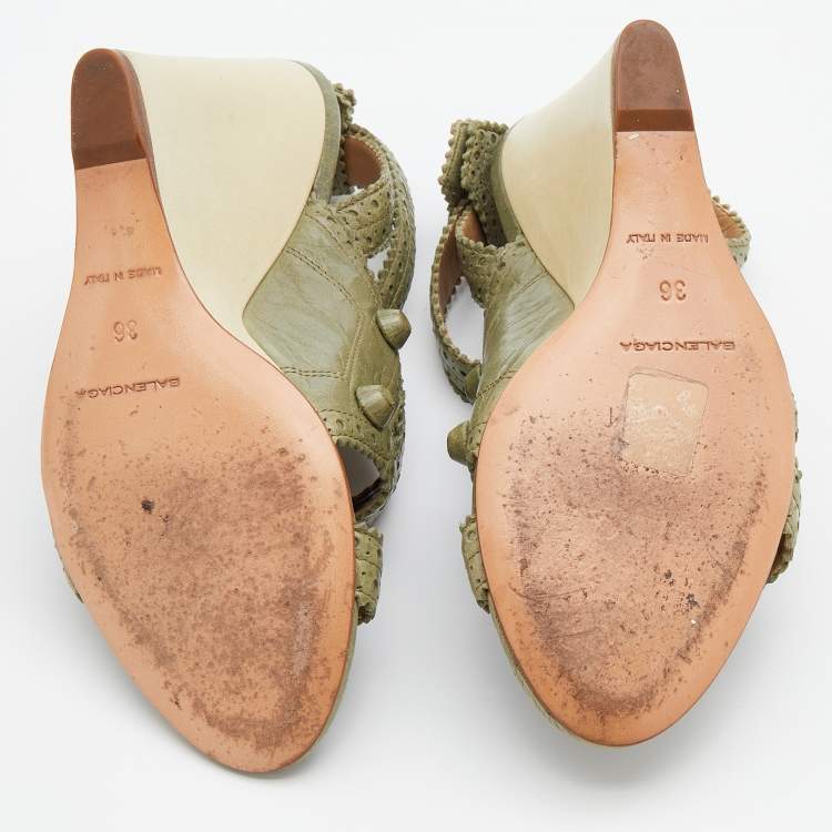 Pre Owned Balenciaga Green Brogue Leather Strappy Wedge Sandals Size 36