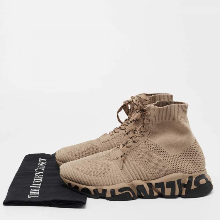 Pre Owned Balenciaga Beige Knit Fabric Speed 2.0 High Top Sneakers Size 39