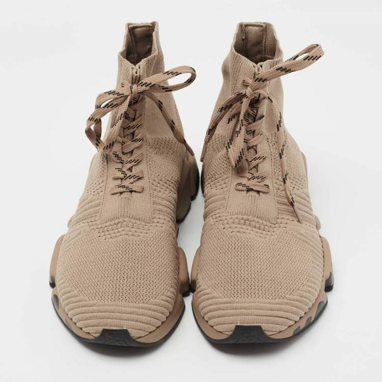 Pre Owned Balenciaga Beige Knit Fabric Speed 2.0 High Top Sneakers Size 39