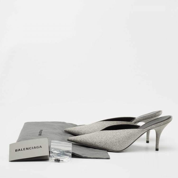 Pre Owned Balenciaga Silver Glitter Knife Pointed Toe Mules Size 37.5