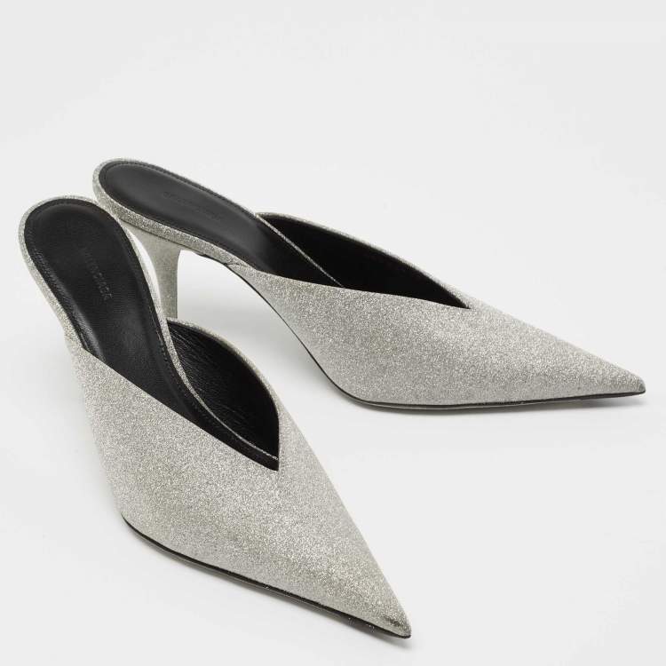Pre Owned Balenciaga Silver Glitter Knife Pointed Toe Mules Size 37.5