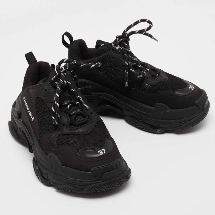 Pre Owned Balenciaga Black Leather And Fabric Triple S Sneakers Size 37