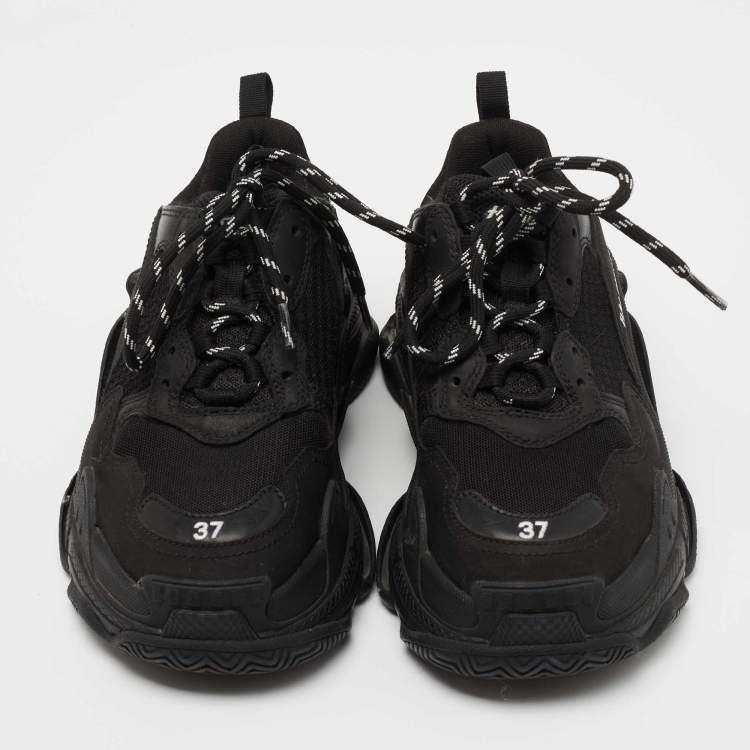 Pre Owned Balenciaga Black Leather And Fabric Triple S Sneakers Size 37