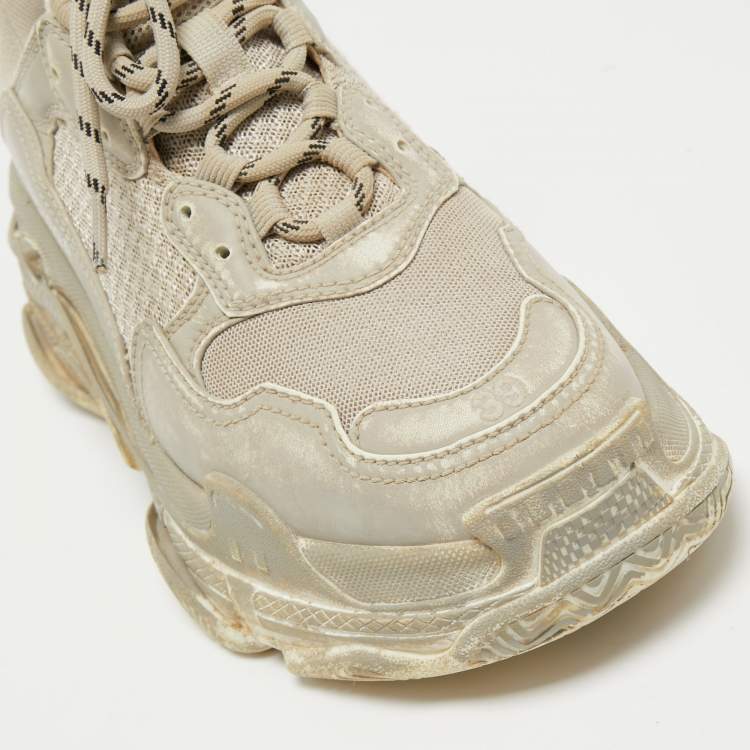 Pre Owned Balenciaga Grey Leather and Mesh Faded Triple S Sneakers Size 39