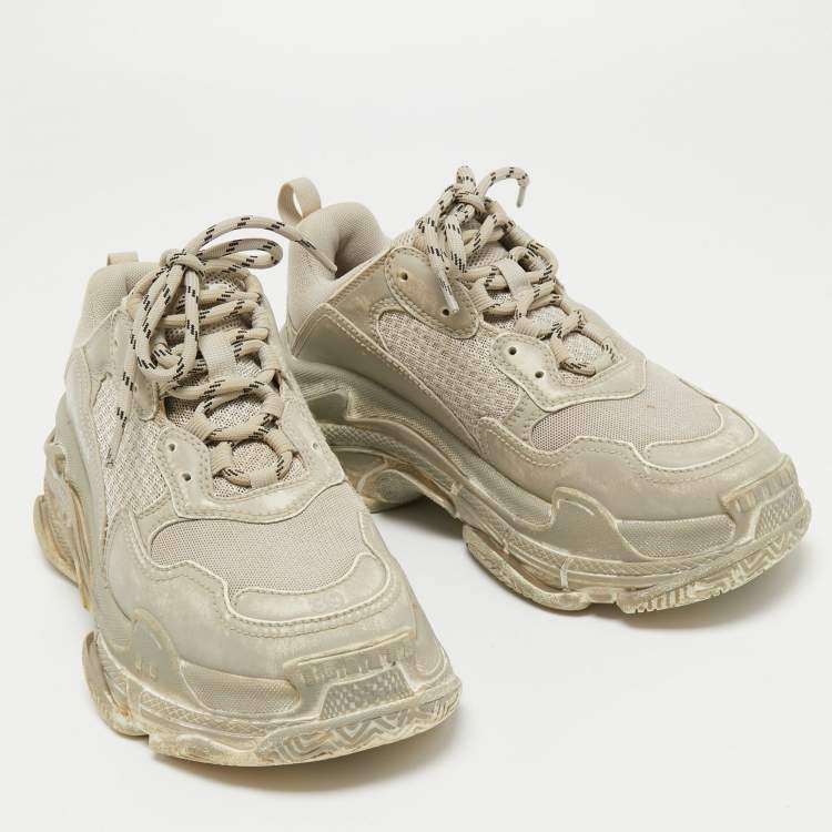 Pre Owned Balenciaga Grey Leather and Mesh Faded Triple S Sneakers Size 39