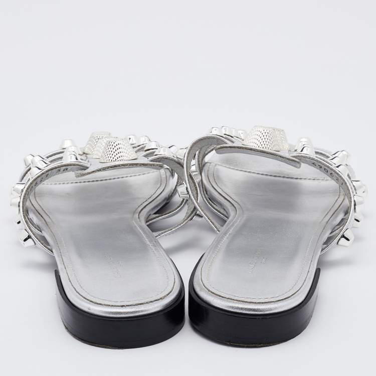 Pre Owned Balenciaga Metallic Silver Leather Arena Giant Slide Flat Sandals Size 38