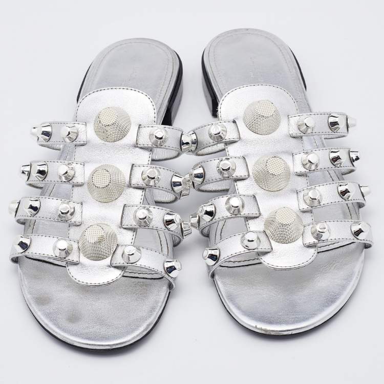 Pre Owned Balenciaga Metallic Silver Leather Arena Giant Slide Flat Sandals Size 38