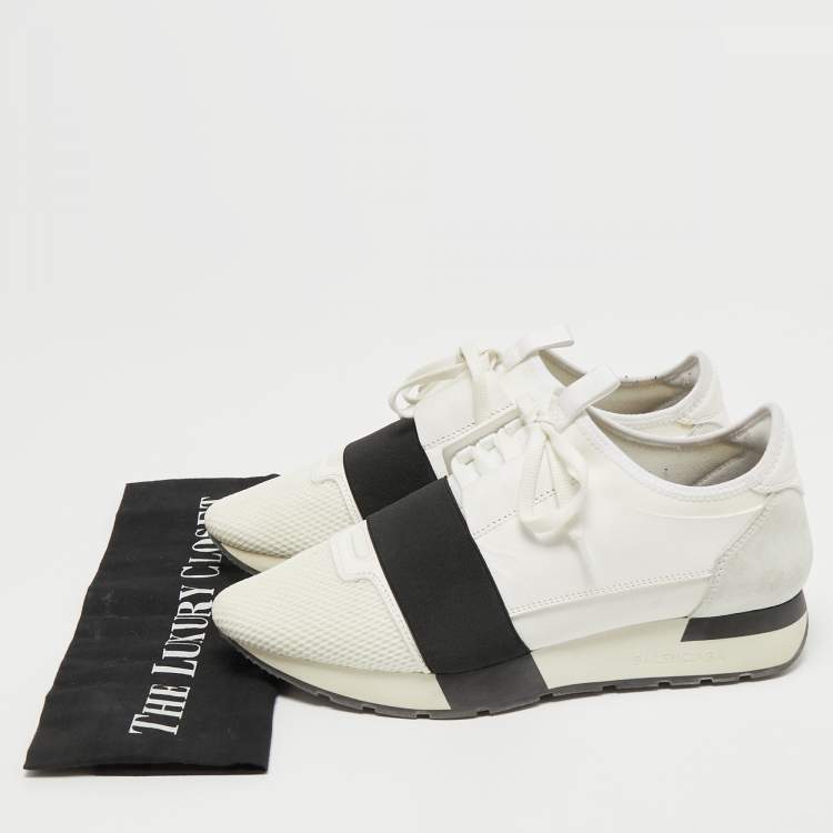 Pre Owned Balenciaga White/Black Mesh and Leather Race Runner Sneakers Size 39