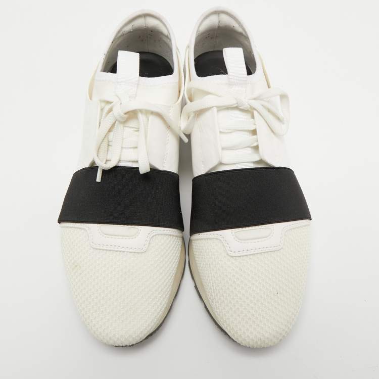Pre Owned Balenciaga White/Black Mesh and Leather Race Runner Sneakers Size 39