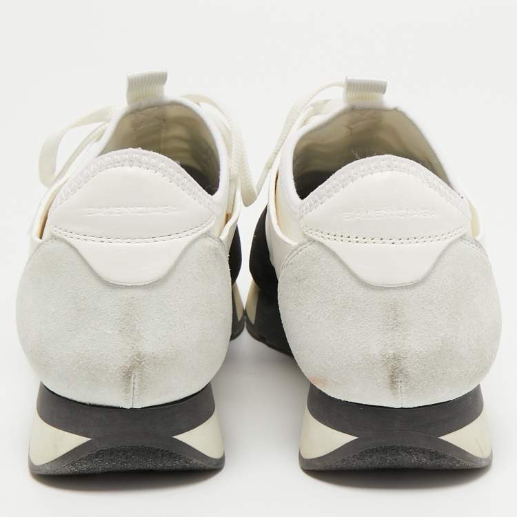 Pre Owned Balenciaga White/Black Mesh and Leather Race Runner Sneakers Size 39