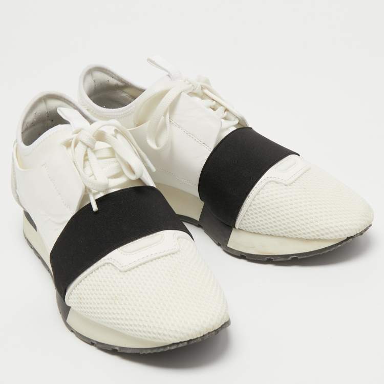 Pre Owned Balenciaga White/Black Mesh and Leather Race Runner Sneakers Size 39