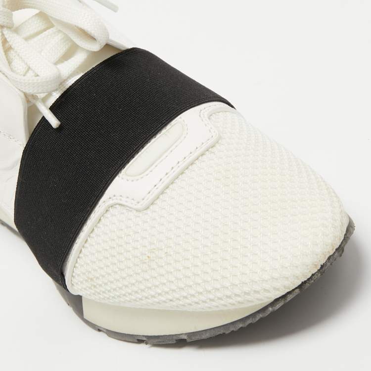 Pre Owned Balenciaga White/Black Mesh and Leather Race Runner Sneakers Size 39