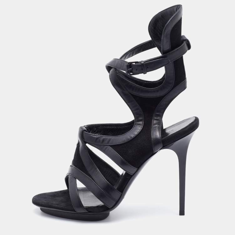 Pre Owned Balenciaga Black Suede and Leather Cutout Ankle Wrap Sandals Size 38.5