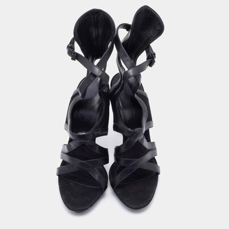 Pre Owned Balenciaga Black Suede and Leather Cutout Ankle Wrap Sandals Size 38.5