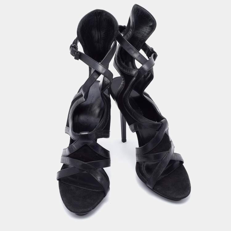 Pre Owned Balenciaga Black Suede and Leather Cutout Ankle Wrap Sandals Size 38.5