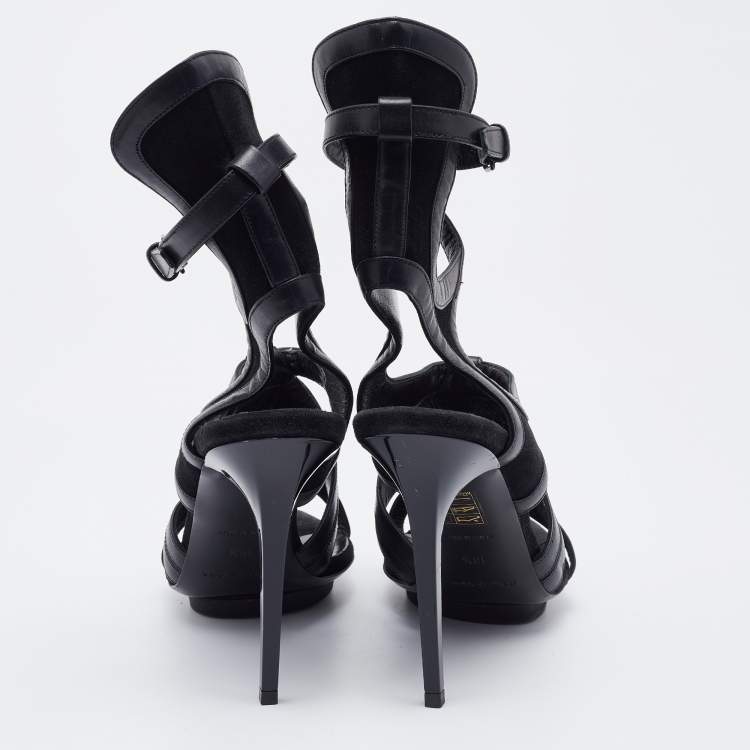 Pre Owned Balenciaga Black Suede and Leather Cutout Ankle Wrap Sandals Size 38.5