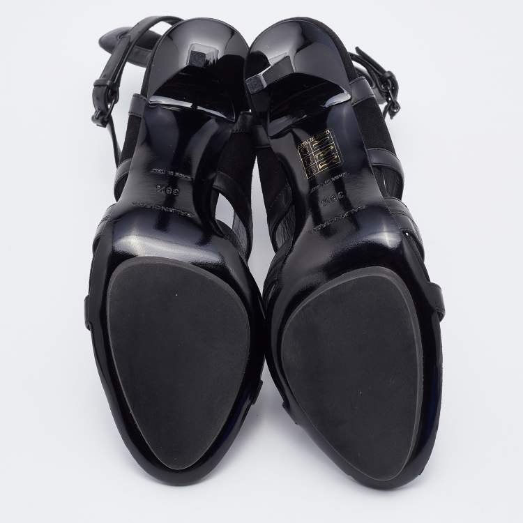 Pre Owned Balenciaga Black Suede and Leather Cutout Ankle Wrap Sandals Size 38.5