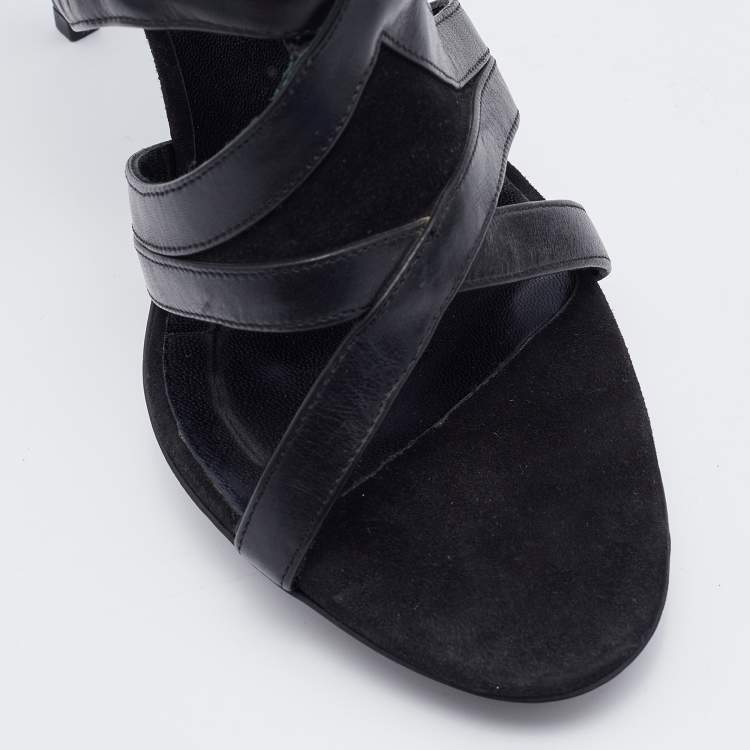Pre Owned Balenciaga Black Suede and Leather Cutout Ankle Wrap Sandals Size 38.5