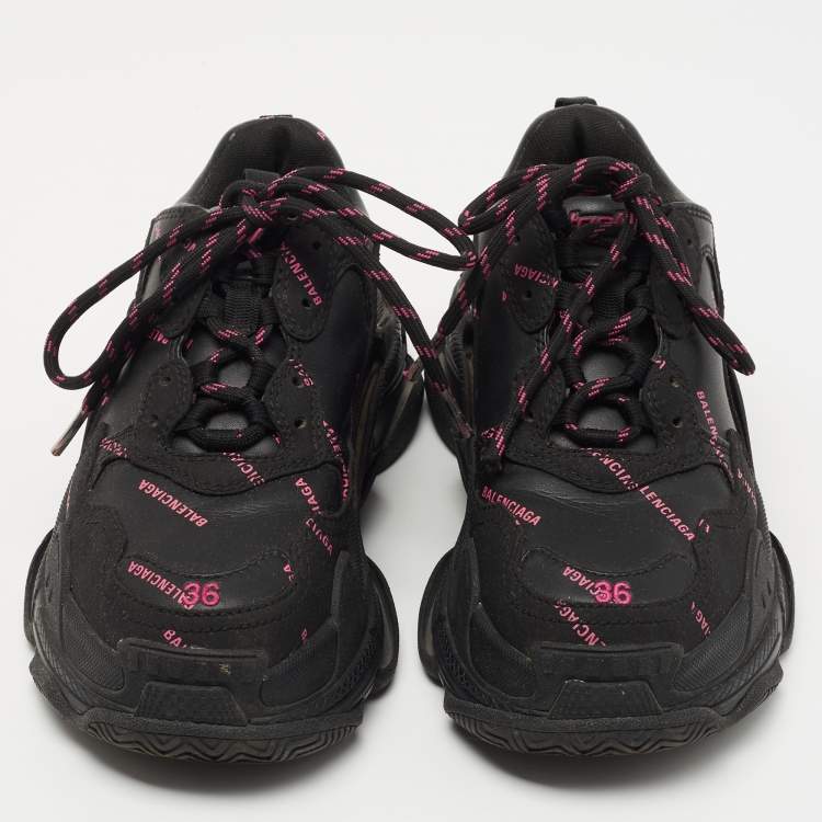 Pre Owned Balenciaga Black/Pink Logo Print Leather Triple S Sneakers Size 36