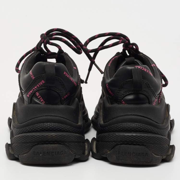Pre Owned Balenciaga Black/Pink Logo Print Leather Triple S Sneakers Size 36
