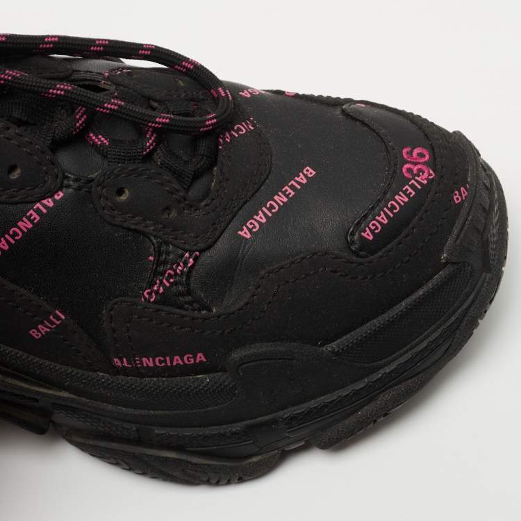 Pre Owned Balenciaga Black/Pink Logo Print Leather Triple S Sneakers Size 36