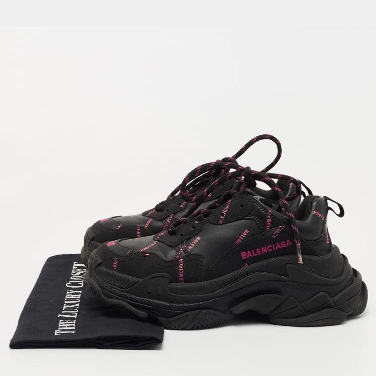 Pre Owned Balenciaga Black/Pink Logo Print Leather Triple S Sneakers Size 36