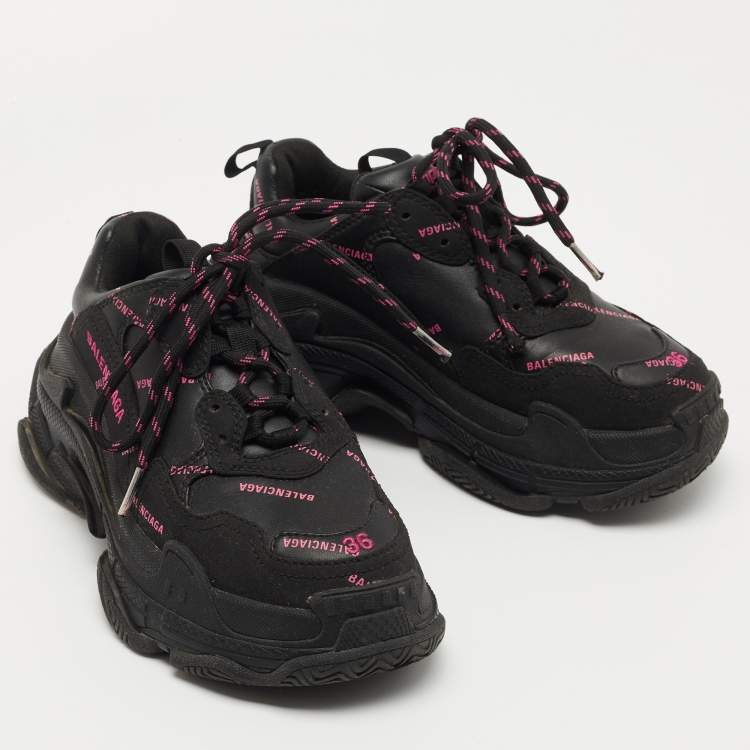 Pre Owned Balenciaga Black/Pink Logo Print Leather Triple S Sneakers Size 36