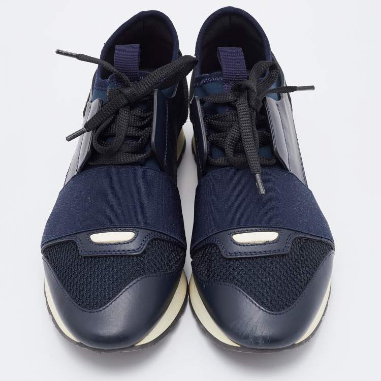 Pre Owned Balenciaga Navy Blue/Black Leather and Mesh Race Runner Sneakers Size 37