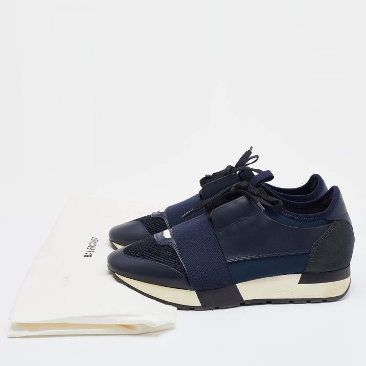 Pre Owned Balenciaga Navy Blue/Black Leather and Mesh Race Runner Sneakers Size 37