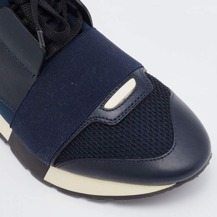 Pre Owned Balenciaga Navy Blue/Black Leather and Mesh Race Runner Sneakers Size 37