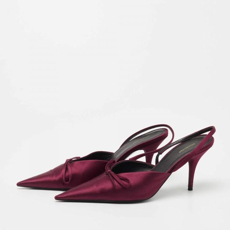 Pre Owned Balenciaga Burgundy Satin Bow Knife Slingback Pumps Size 37