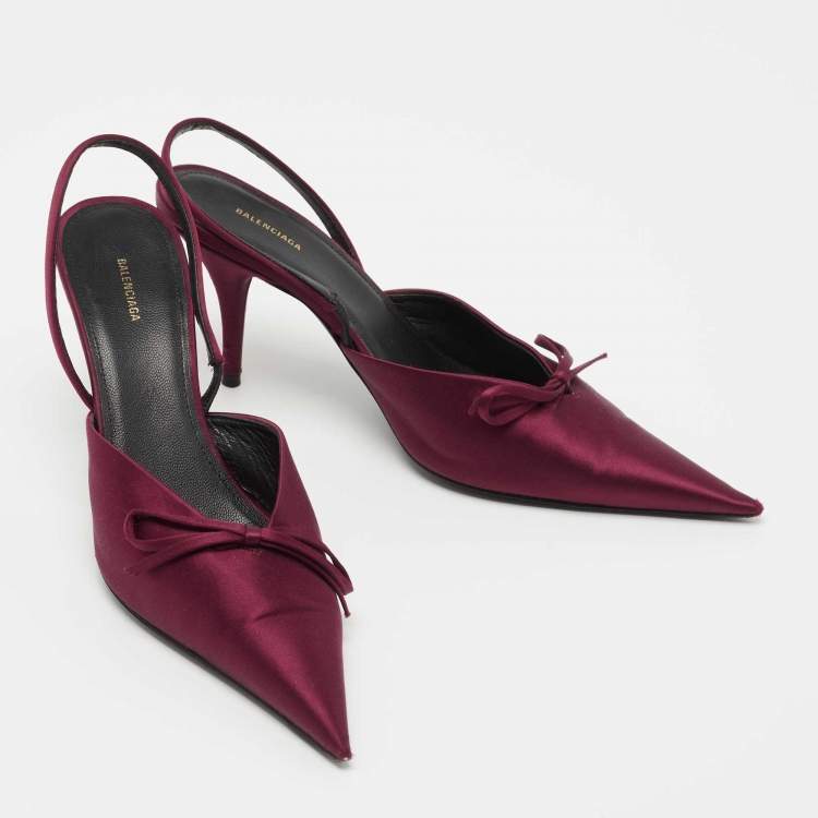 Pre Owned Balenciaga Burgundy Satin Bow Knife Slingback Pumps Size 37