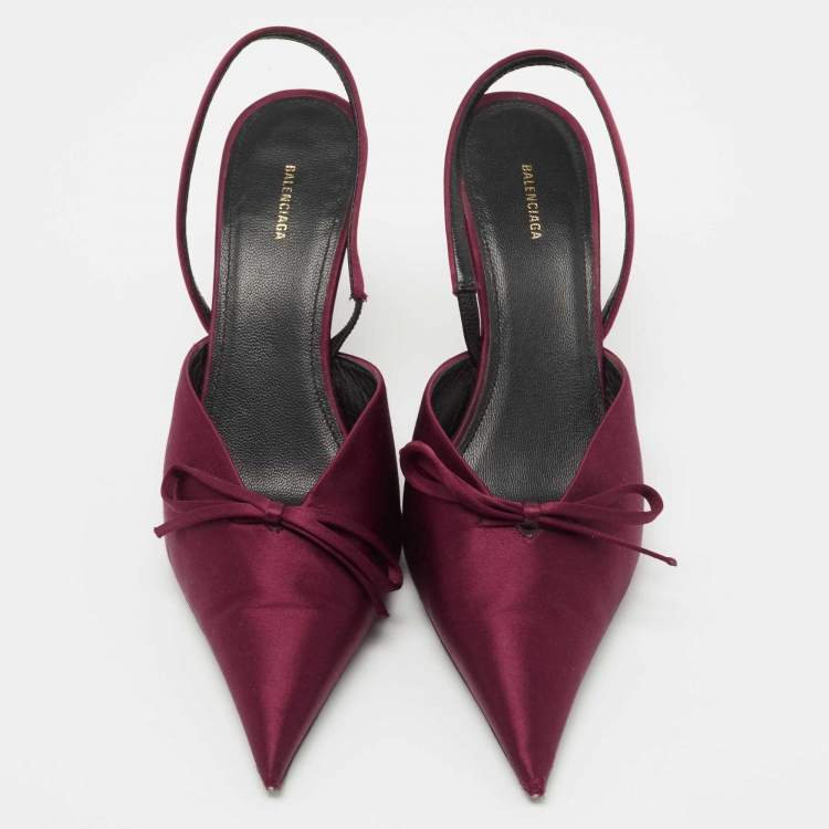 Pre Owned Balenciaga Burgundy Satin Bow Knife Slingback Pumps Size 37