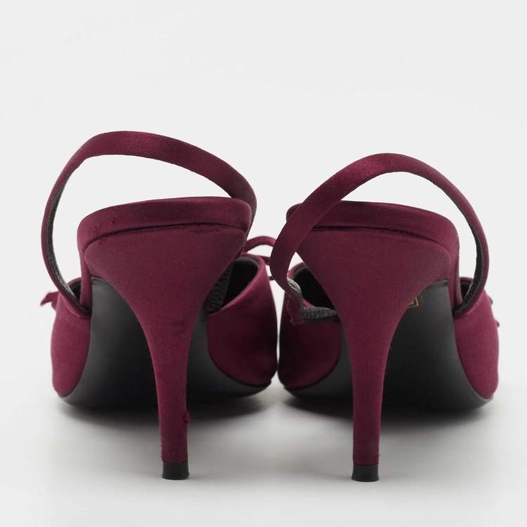 Pre Owned Balenciaga Burgundy Satin Bow Knife Slingback Pumps Size 37