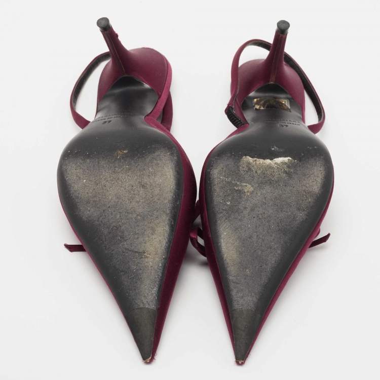 Pre Owned Balenciaga Burgundy Satin Bow Knife Slingback Pumps Size 37