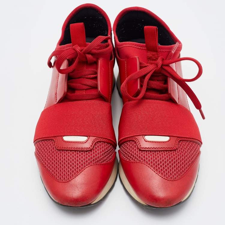 Pre Owned Balenciaga Red Leather and Mesh Race Runner Low Top Sneakers Size 37
